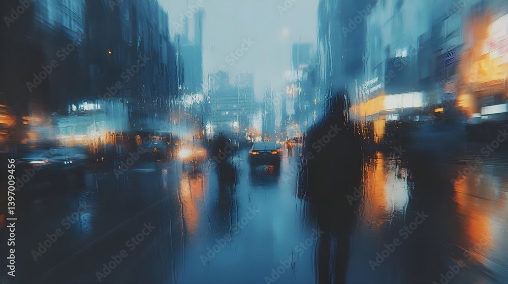 Obraz premium Blurred City Street View with Raindrops on the Windowpane at Night