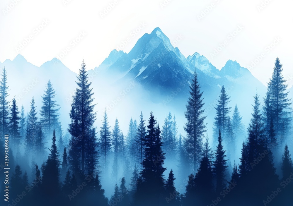 Fototapeta premium A hand-painted watercolor of an Asian mountain scene, featuring a river in a peaceful oriental landscape with a sea and blue rock layers, ideal for decoration, relaxation, and restoration