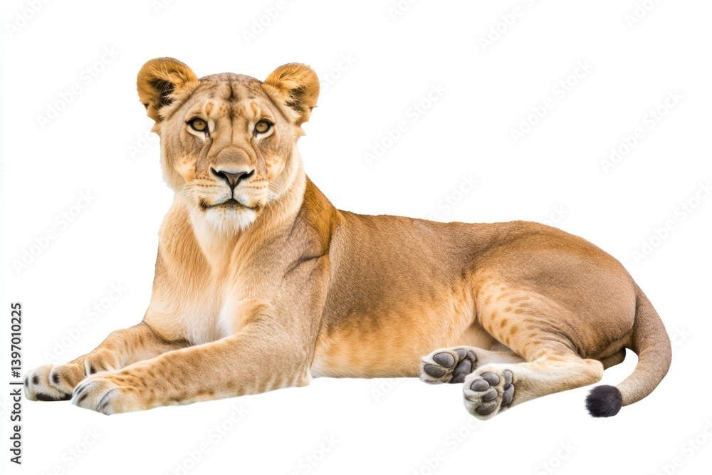 Obraz premium Female lion lying down, facing forward, isolated on white background.