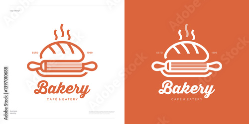 Bakery logo design vector illustration editable. Symbol emblem bread integrated with rolling pin concept. Vintage monoline classic food shop for cafe, eatery, restaurant, home made and brand identity