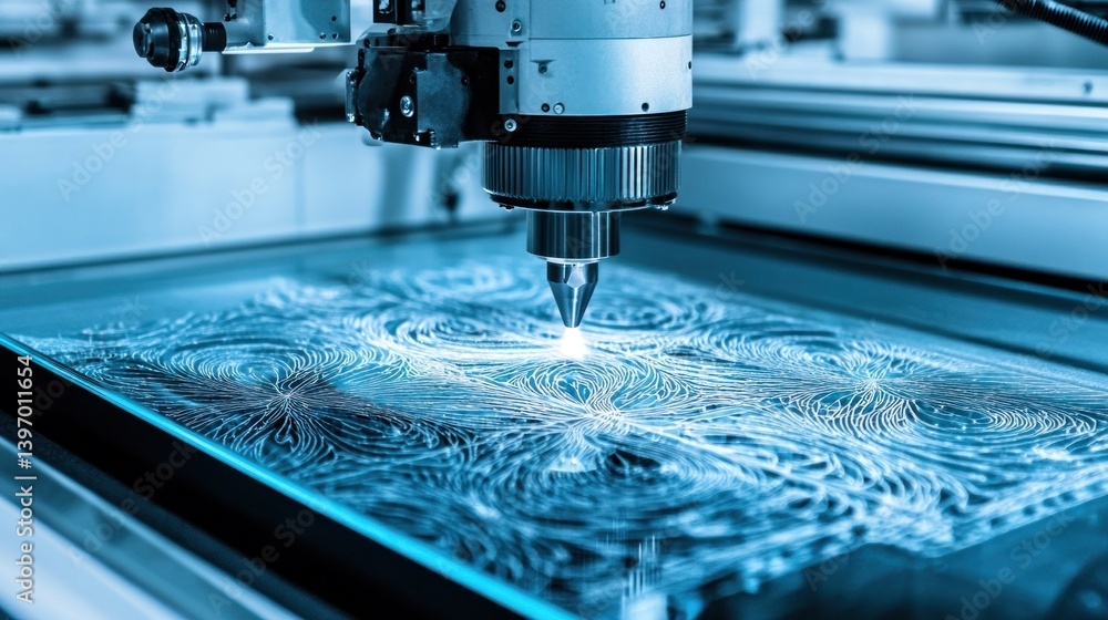 High-Tech Laser Cutting Machine Engraving Intricate Patterns on Transparent Material in Modern Workshop Environment High-Tech Laser Cutting Machine Engraving Intricate Patterns on Transparent Material in Modern Workshop Environment