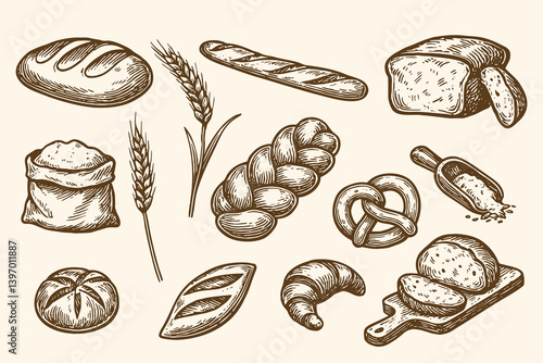 Hand drawn bread and bakery icon set in vintage engraving style