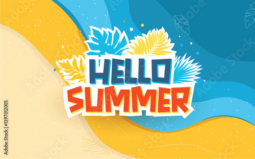 Hello Summer Vector Graphic with Tropical Leaves