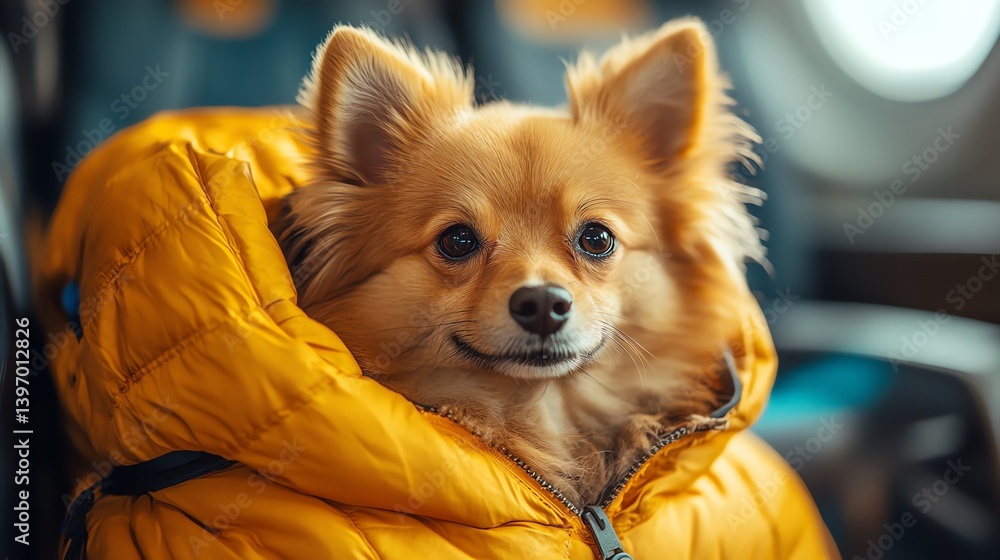Adorable fluffy Pomeranian puppy snuggles in a cozy yellow winter jacket Perfect for pet, animal, and winter themes Adorable fluffy Pomeranian puppy snuggles in a cozy yellow winter jacket Perfect for pet, animal, and winter themes