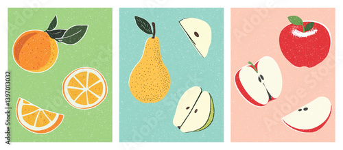 Fresh Fruits Collage: Apple, Orange, and Pear Illustration