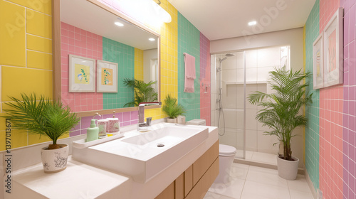 Vibrant bathroom featuring bright colorful tiles and dynamic design for an energizing modern experience today