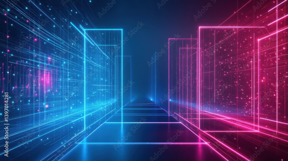 Neon glowing digital technology circuit board in computer. Futuristic glowing bright blue color. Abstract connection concept presentation background Communication wireframe laser lines illustration i Neon glowing digital technology circuit board in computer. Futuristic glowing bright blue color. Abstract connection concept presentation background Communication wireframe laser lines illustration i