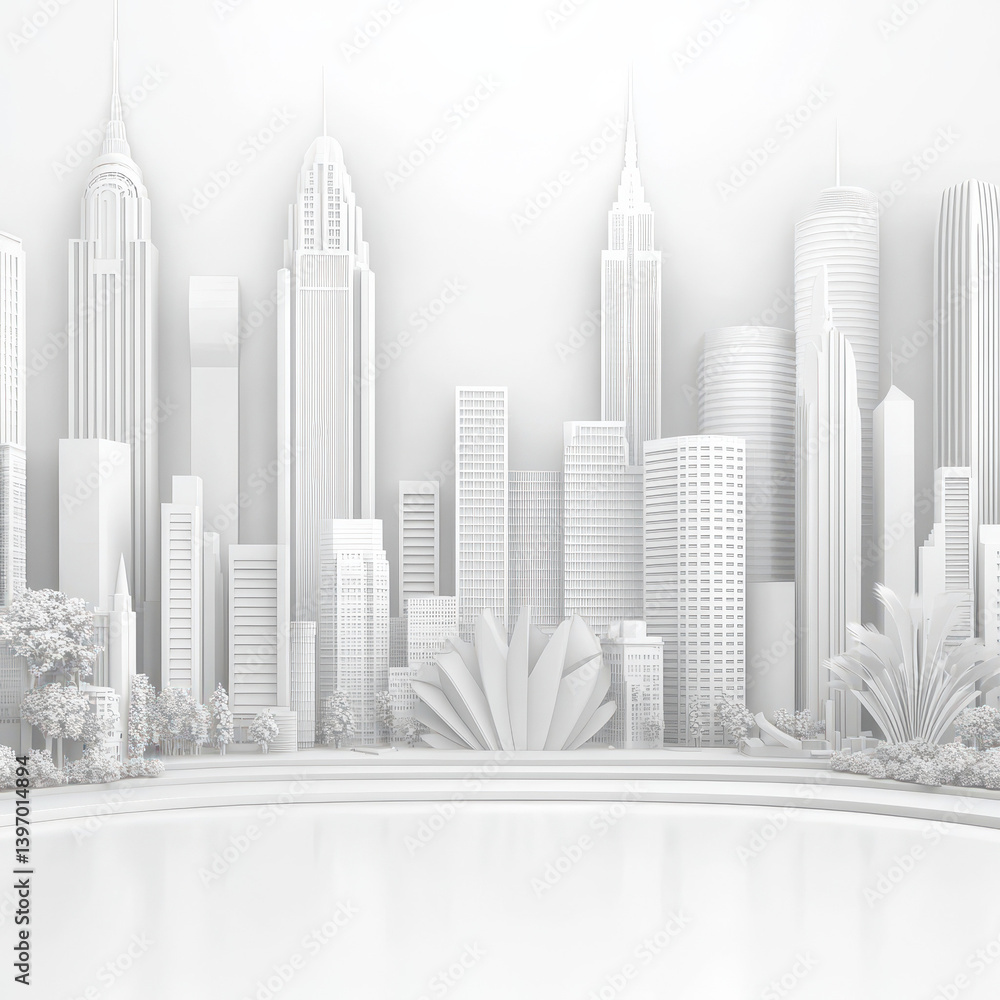 Naklejka premium Minimalist White Cityscape with Iconic Skyscrapers and Structures