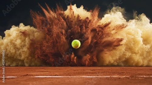 Tennis ball impacting clay court sports photography dramatic action scene dynamic environment close-up view