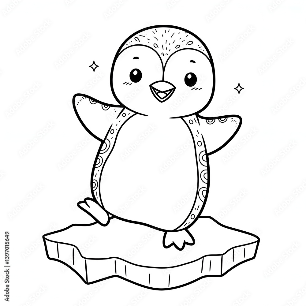 Charming coloring book depicting a cute baby penguin dancing on an ice floe