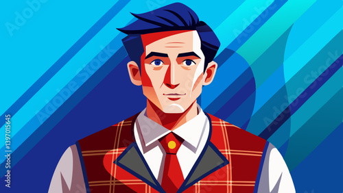 A man wearing a plaid vest, a white shirt and a red tie.