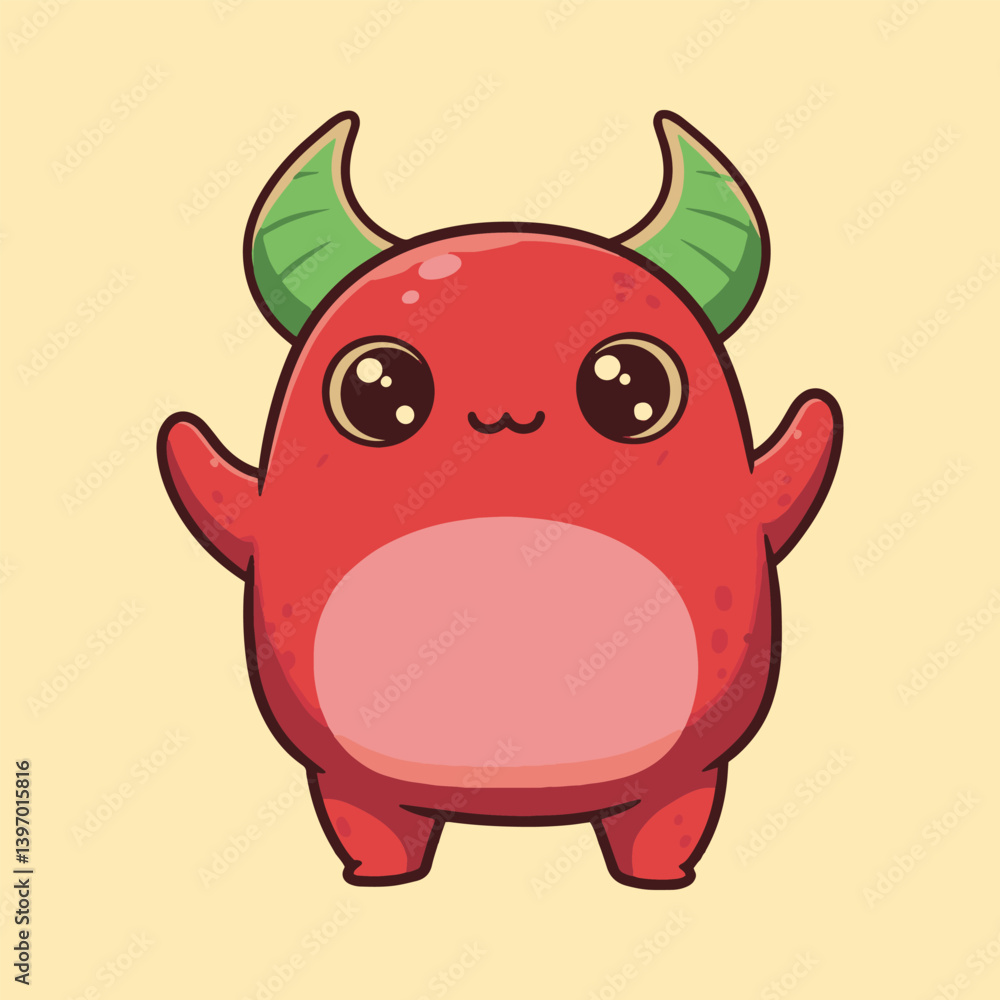 Cute red monster cartoon character with green horns vector illustration design for kids and adults Cute red monster cartoon character with green horns vector illustration design for kids and adults