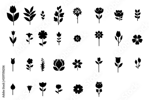 Collection of spring colorful flower elements vector. flower vector, leaf branch, foliage on white background. Hand drawn blossom illustration for decor, sticker, black and white flowers, flower 