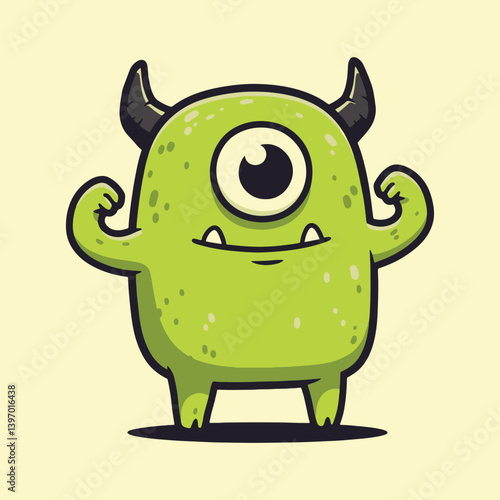 Cartoon green monster with one eye vector illustration for kids and halloween design element
