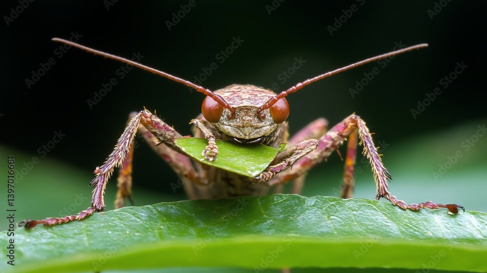 Close-up of a reddish-brown insect with long legs holding a green leaf, dark background Close-up of a reddish-brown insect with long legs holding a green leaf, dark background