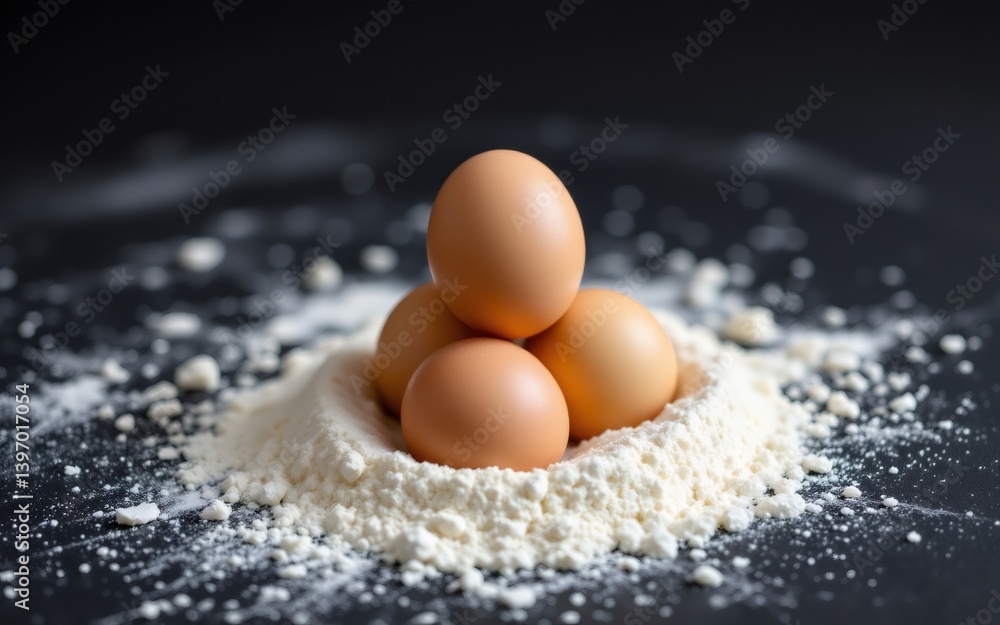 A mound of flour surrounds four brown eggs, creating a visually appealing composition focused on baking ingredients A mound of flour surrounds four brown eggs, creating a visually appealing composition focused on baking ingredients