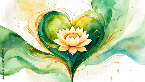 7 Chakras A watercolor Heart Chakra design with flowing green and golden hues, a soft Anahata lotus in the center, and delicate sparkles surrounding it like emotional vibrations (3)