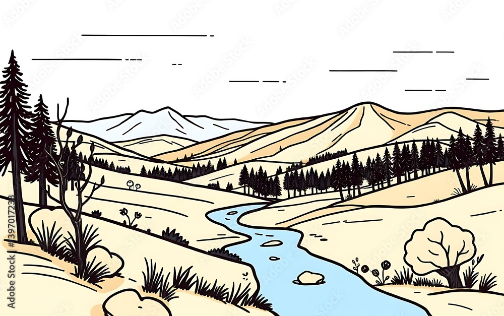 Fototapeta premium 川と針葉樹のある山の風景イラスト