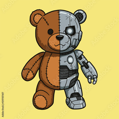 Teddy bear robot half illustration ai art cute brown metal toy futuristic cyborg design children