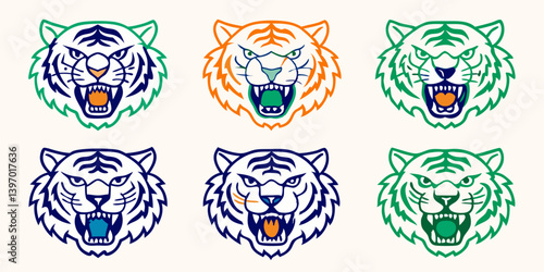 tiger-head-logos Vector Illustration – Colorful Game animals Clipart, Hunting Logo, Wildlife Art, Rural Countryside Drawing, Ornamental Feathers, Nature Design	