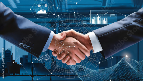 Two businesspeople shaking hands, surrounded by a digital overlay of graphs and data points, conveying themes of partnership, technology, and business analytics.