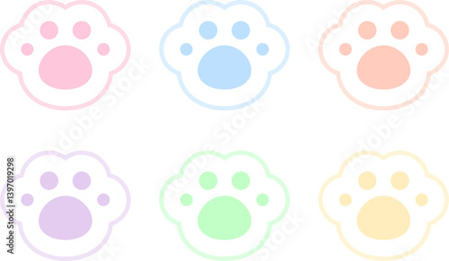 6 cute cat paw icons set in pastel colors