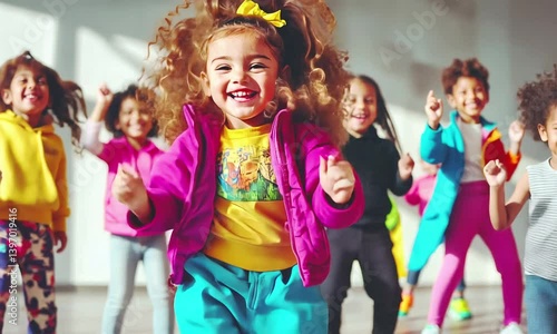 Group of kids dancing in studio.