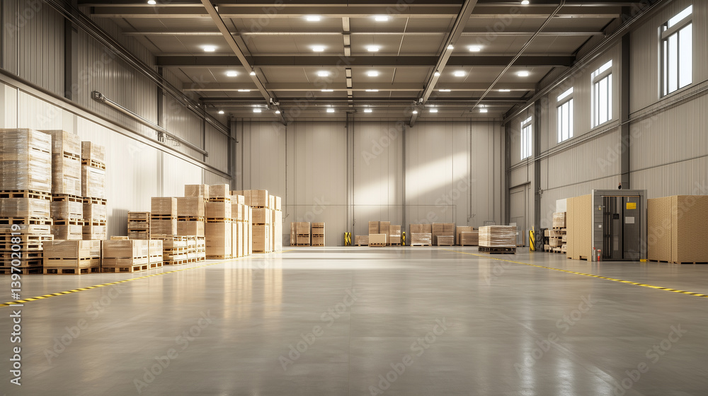 Spacious modern warehouse interior with wooden pallets Spacious modern warehouse interior with wooden pallets