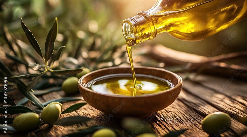 Olive oil is being poured into a bowl as fresh olives rest nearby on a rustic wooden table in warm, natural light Olive oil is being poured into a bowl as fresh olives rest nearby on a rustic wooden table in warm, natural light