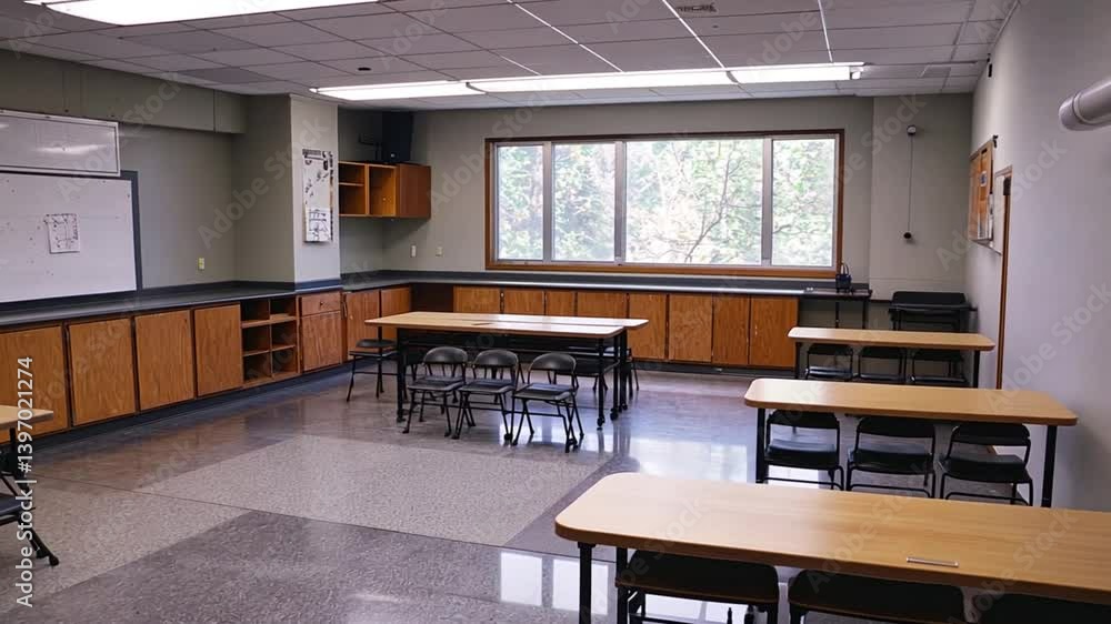 Empty classroom with tables and chairs, natural light from large window, serene atmosphere Empty classroom with tables and chairs, natural light from large window, serene atmosphere