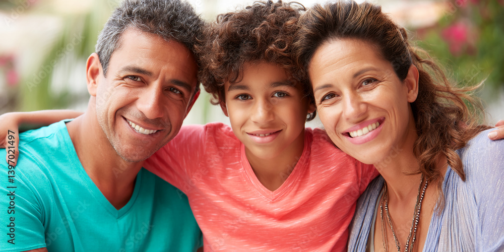 Fototapeta premium Close-up of a happy family: parents and son smiling together, showcasing family unity and love, ideal for family, togetherness, and happiness concepts