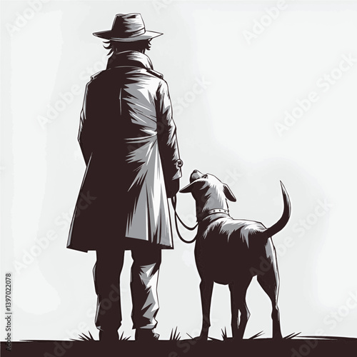 Backview Silhouette: Elegant Figure and Loyal Dog in Monochrome Art