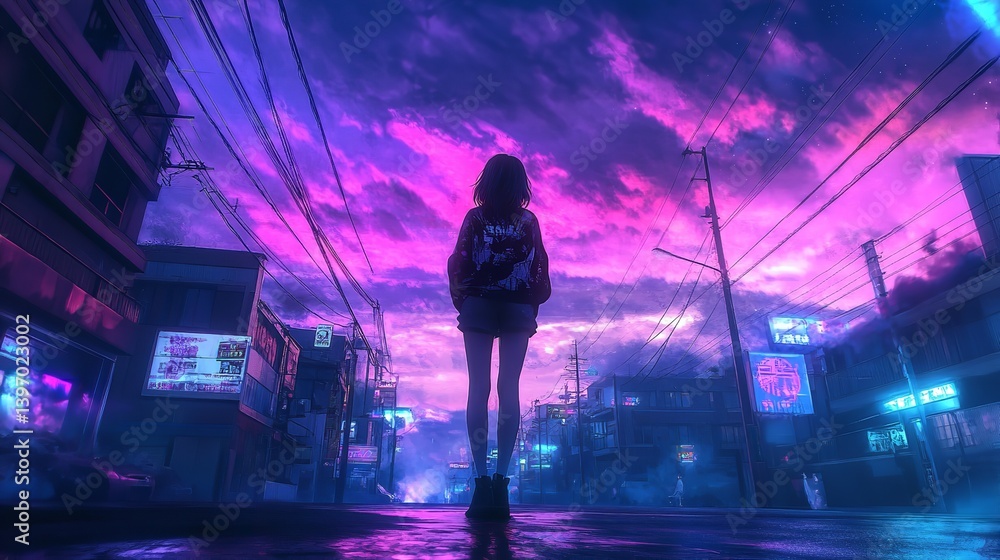 Fototapeta premium Synth wave anime manga girl lofi background wallpaper