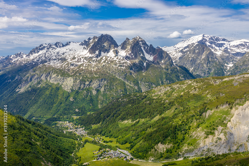 Fototapeta premium Mont Blanc, Monte Bianco mountain summit snow dome above the Chamonix valley in France. Highest peak in Europe in the Alps, alpine scenic view of Montblanc