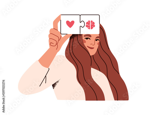 Heart and brain connection, emotional and intellectual intelligence. Mental health, psychology concept. Rational mind and love, feelings. Flat vector illustration isolated on white background