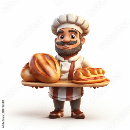 A cheerful cartoon baker proudly presents a wooden tray filled with freshly baked bread rolls and a delicious baguette, showcasing his delightful low poly 3D rendered bakery goods.