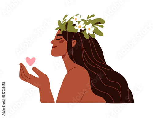 Woman with heart. Female in flower wreath. Self love, care and acceptance. Psychology and mental health, femininity concept. Happy girl. Flat vector illustration isolated on white background