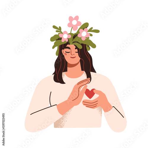 Woman with heart and flower wreath. Self-love, acceptance and care for mental health. Psychology concept. Calm emotion, trust, empathy and hope. Flat vector illustration isolated on white background