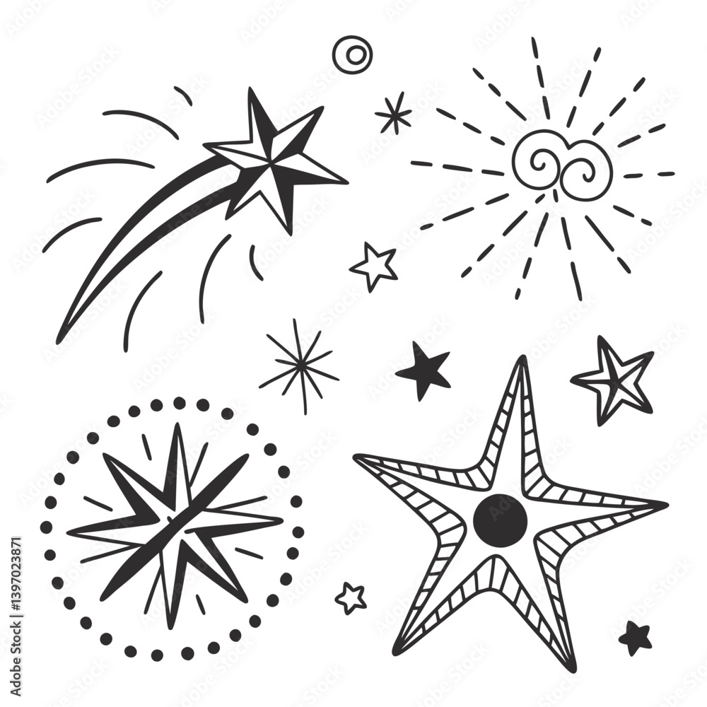 Fototapeta premium Magical Sparkle Icons: Hand-Drawn Dots, Lines & Starbursts for Whimsical Designs