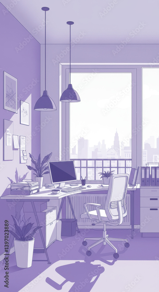 Fototapeta premium Serene Home Office: Modern Workspace with City View, Minimalist Decor & Inspiring Design | Work From Home Goals