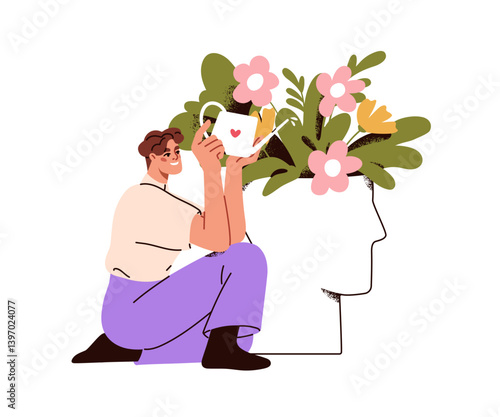 Mental health and mind development, psychology concept. Psychotherapy, self-care with positive thinking. Happy person watering blooming brain. Flat vector illustration isolated on white background