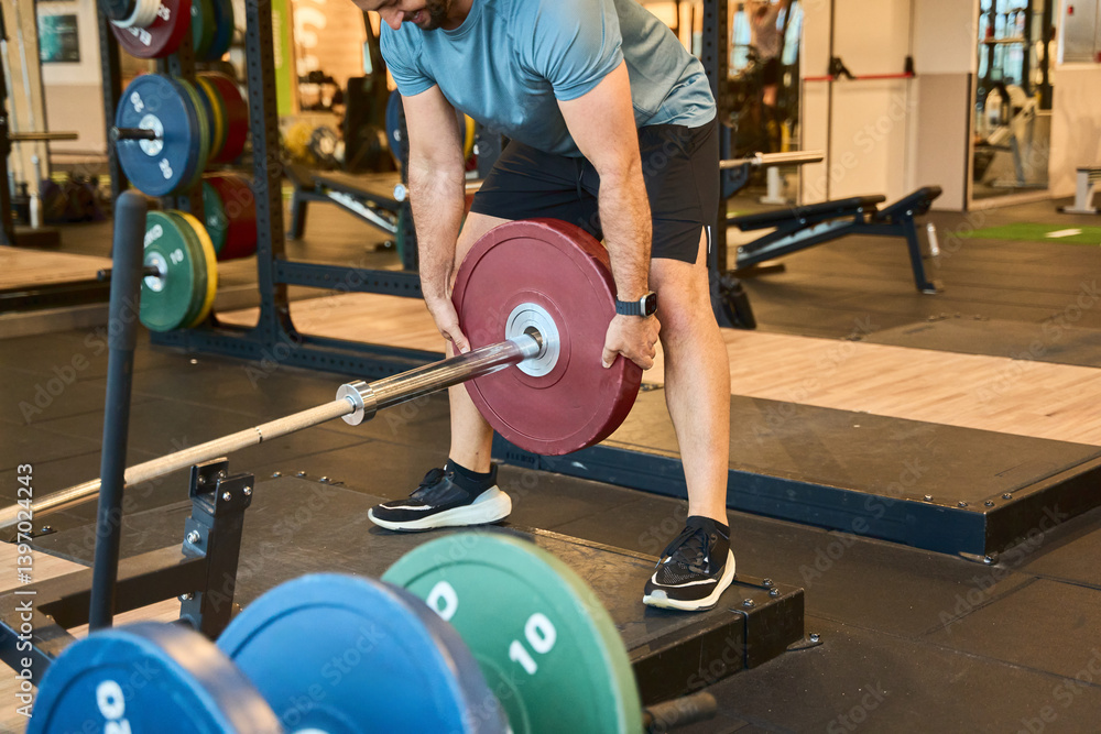 Man setting up barbell for weightlifting exercise Man setting up barbell for weightlifting exercise