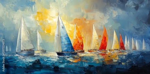 Vibrant oil painting of sailboats racing at sunset creates a dynamic and energetic mood Perfect for home decor or nautical-themed projects