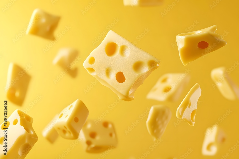 Cheese cubes with holes floating in the air against a yellow background. Cheese cubes with holes floating in the air against a yellow background.