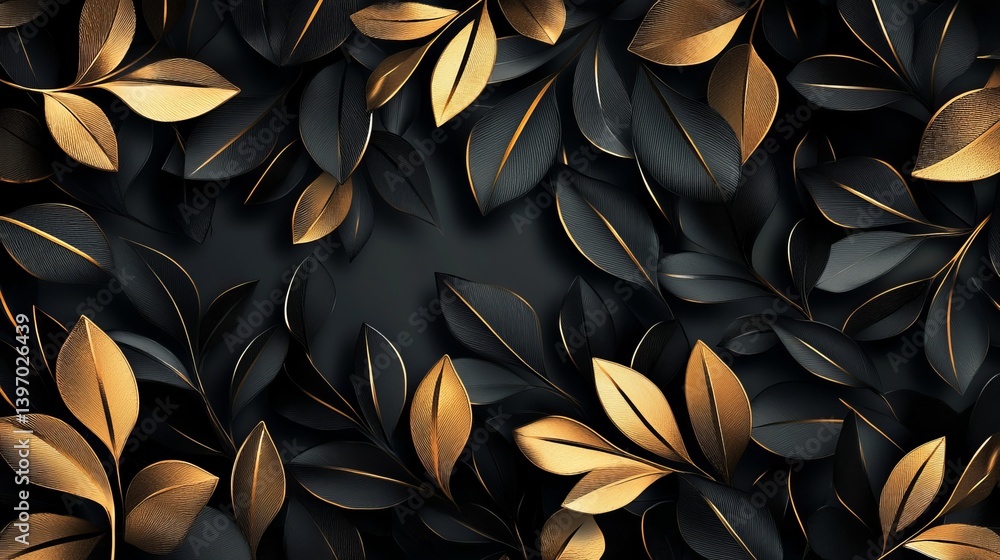 Elegant background featuring black and gold leaves in a dense arrangement with a dark backdrop Elegant background featuring black and gold leaves in a dense arrangement with a dark backdrop
