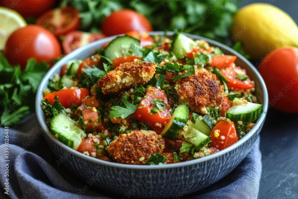 A vibrant bowl of tabbouleh salad with crispy croutons. A vibrant bowl of tabbouleh salad with crispy croutons.