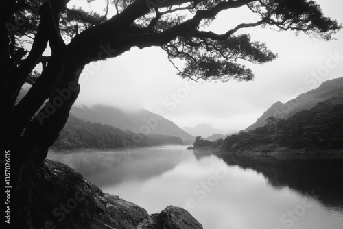 Fototapeta Naklejka Na Ścianę i Meble -  Black and white landscape of upper lake in killarney national park, ireland, with misty mountains and a scots pine