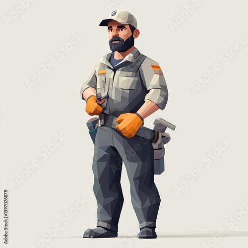 A low-poly stylized illustration of a confident plumber, ready for work, carrying essential tools including a pipe, showcasing a strong and reliable professional in a modern