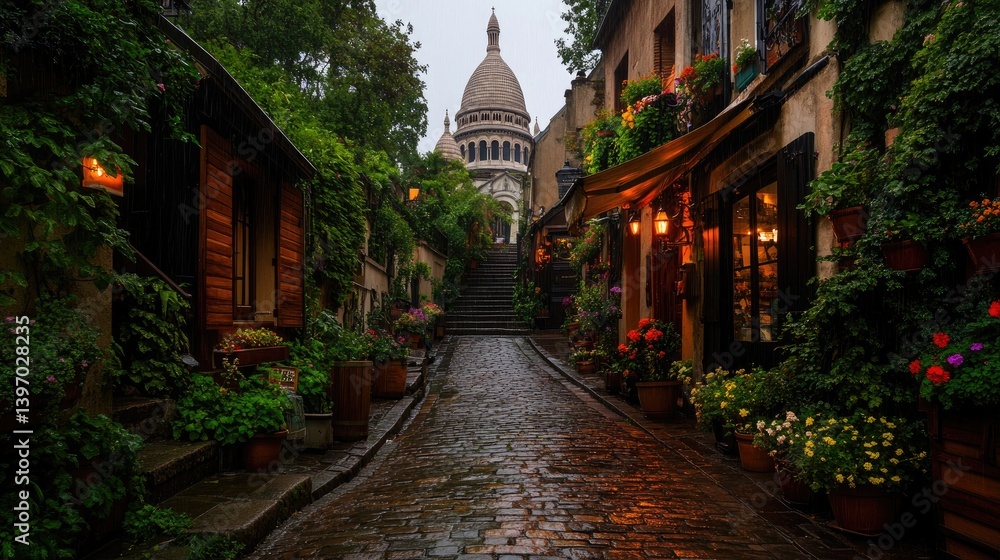 Parisian alleyway lined with flowers and shops, leading to a church Parisian alleyway lined with flowers and shops, leading to a church