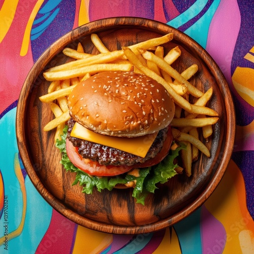 Delicious burger with fries colorful background food photography vibrant environment top down view culinary delight